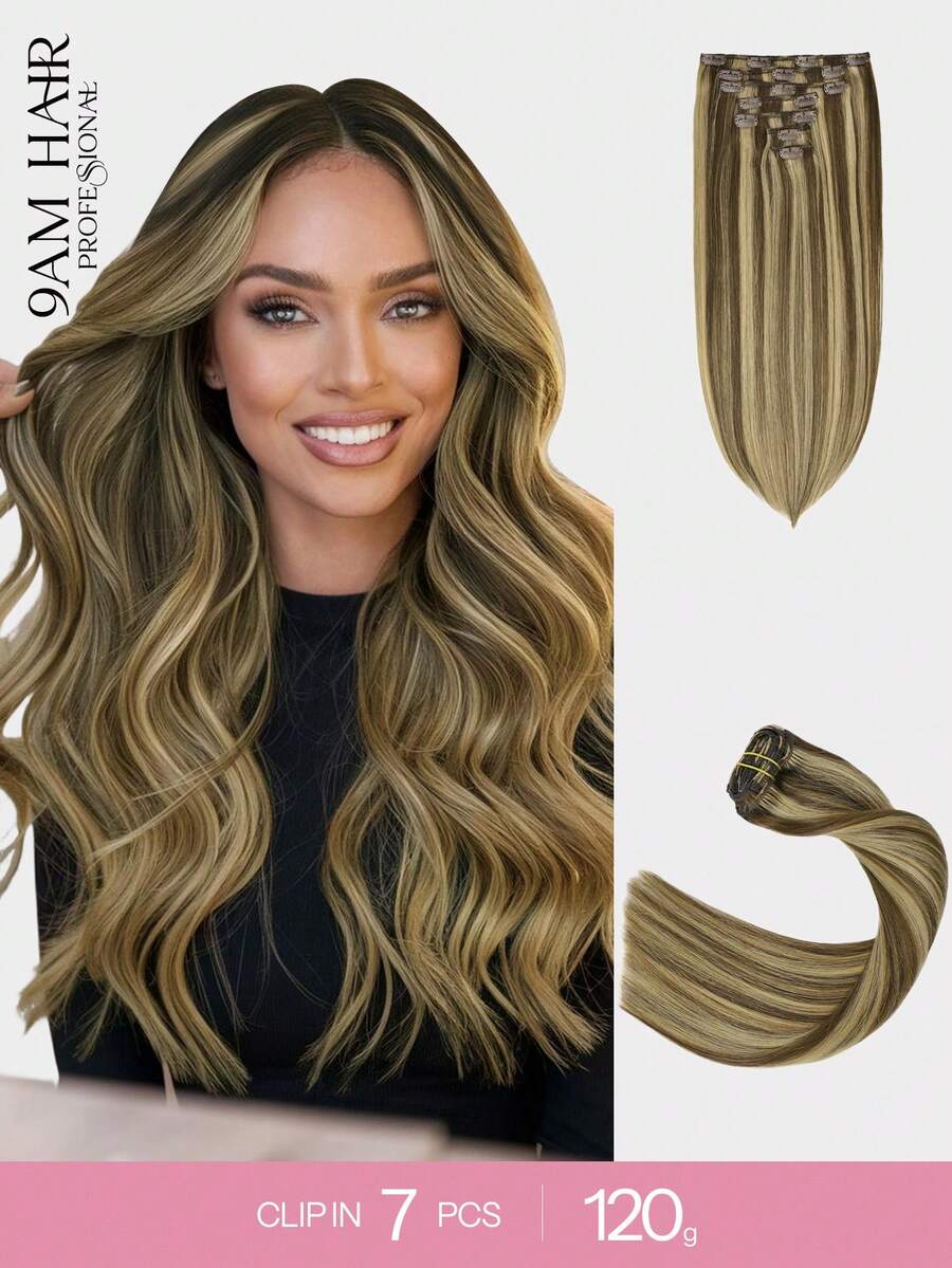 Extensiones de cabello humano brasileño liso con clip, color piano 4/27#, extensiones con clip de cabello Remy de 14-20 pulgadas para mujeres - S4/27 - Ver 1