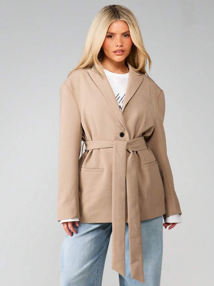 MISSGUIDED Tailored Beige Tie Waist Blazer With Lapels Single Button Closure And Belt Detail Professional Office Wear Jacket