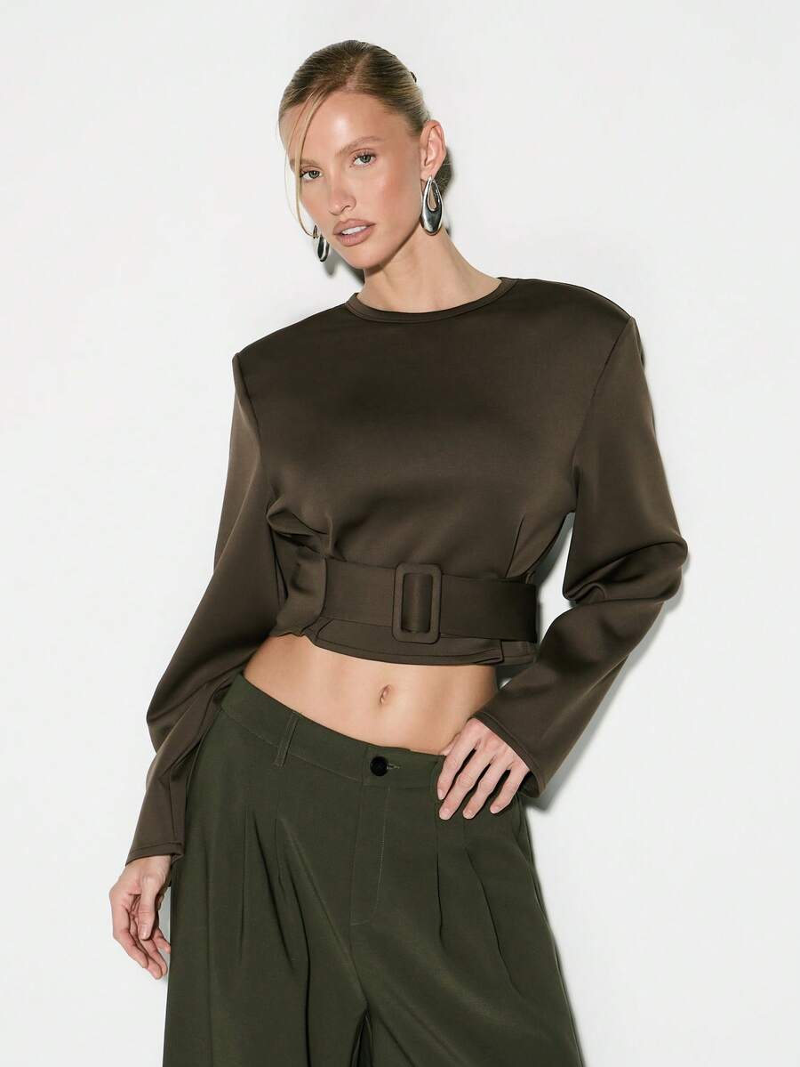 KIZN Wide Shoulder Belted Cropped Knit Sweater Top With Long Sleeves And Crew Neckline - Brown - View 1
