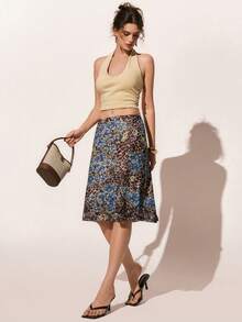 Poéselle Women's Fashion Leopard & Floral Print Skirt,Casual Skirt For Women ,Elegant Skirt, Beach Skirt ,Beach Outfit For Women,,Valentine Outfits For Women,Birthday Outfits For Women,Spring/Summer - Blue - View 3