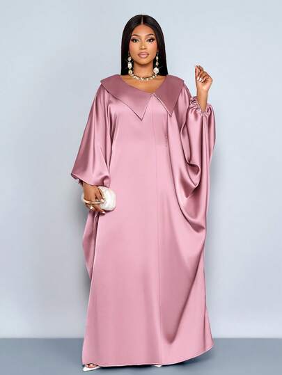 SOLERSUN Plus-Size Spring/Summer New Styles With A Glossy, Solid Satin Finish, Asymmetrical Large Lapels, Batwing Sleeves, And An Easy-To-Wear Design. This Two-Way, Strappy, Waist-Cinching, Loose-Fitting Robe With Elastic Cuffs And Floor-Length Dress Is Perfect For Weddings, Guests, Elegant Gatherings, Dates, Parties,Valentine's Day, Music Festivals, And Carnivals. Fashionable Women's Clothing.