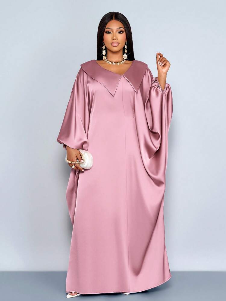 SOLERSUN Plus-Size Spring/Summer New Styles With A Glossy, Solid Satin Finish, Asymmetrical Large Lapels, Batwing Sleeves, And An Easy-To-Wear Design. This Two-Way, Strappy, Waist-Cinching, Loose-Fitting Robe With Elastic Cuffs And Floor-Length Dress Is Perfect For Weddings, Guests, Elegant Gatherings, Dates, Parties,Valentine's Day, Music Festivals, And Carnivals. Fashionable Women's Clothing. - Dusty Pink - View 1