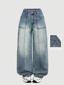 Sweetra Vaqueros rectos de bolsillo con remaches de moda y estilo casual - Azul lavado medio - Ver 2