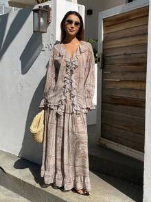 DAZY 2pcs Women's Floral Print Loose V-Neck Ruffle Flare Sleeve Shirt And Long Skirt Elegant Vacation Set, Spring/Autumn - Khaki - View 3