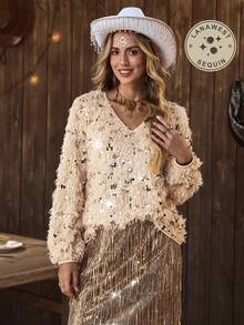 LanaWest Women's Fashionable Party Fuzzy V-Neck Lantern Sleeve Metallic Sequin T-Shirt, Autumn/Winter - Apricot - View 8