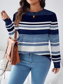 EMERY ROSE Damen Große Größen Lässig gestreiftes Farbblockdesign, locker geschnittenes Rundhals Langarm T-Shirt mit Allover-Muster, Herbst/Winter - Verschiedenfarbig - Übersicht 4