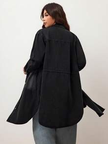 Enliva Áo khoác denim dài tay cỡ lớn dành cho nữ màu trơn đơn giản hàng ngày - màu đen - Xem 2