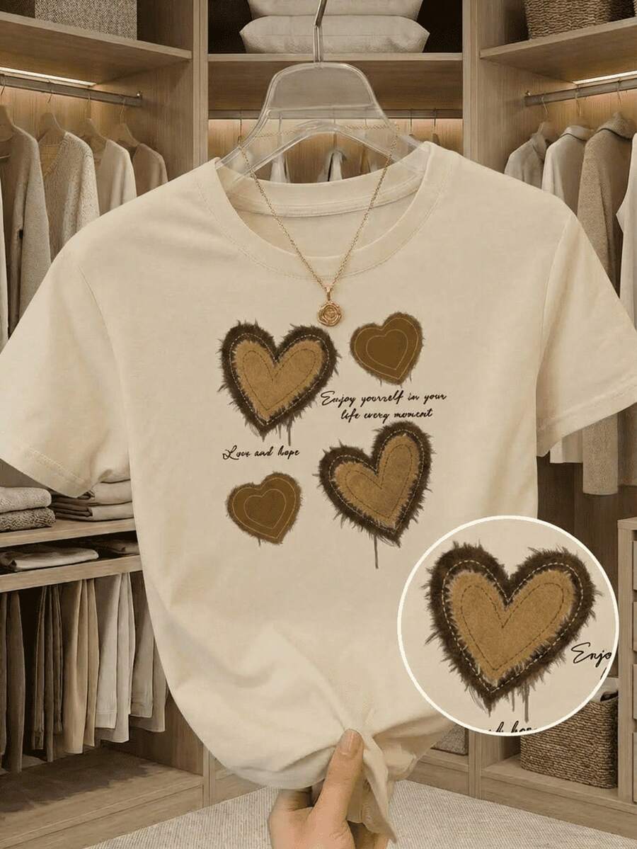 Camiseta de manga corta con cuello redondo, adornada con estampado, para ropa de Año Nuevo, camisetas gráficas para mujeres - Beis - Ver 1
