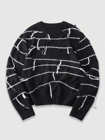 Jersey de cuello redondo con diseño de flecos a rayas, versátil y elegante para el día a día, otoño/invierno