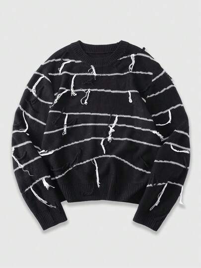 Maglione da uomo con collo rotondo, design a righe e frange, versatile e adatto per l'uso quotidiano, autunno/inverno