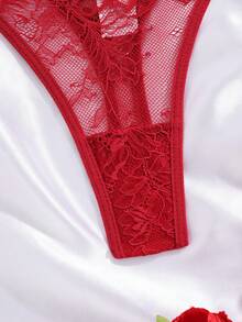 Floral Lace Rhinestone Studded Tape G-String Sexy Lingerie - Burgundy - View 3