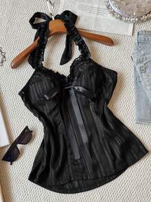 SHEIN Blusa sexy con escote halter y espalda descubierta con decoración de lazo - Negro - Ver 4