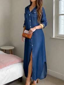 Vestido de camisa con botones en la parte delantera - Azul - Ver 4