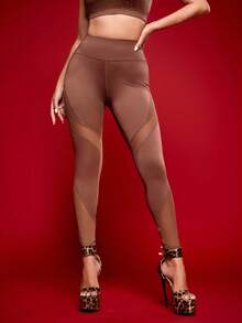 Menodora SHEIN Sport Women's Casual Sports Mesh Patchwork Jumpsuit - Brown - View 4