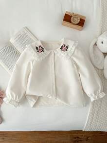 Blossori Young Girls' French Elegant Embroidered Collar Button-Front Long Sleeve Blouse - White - View 1