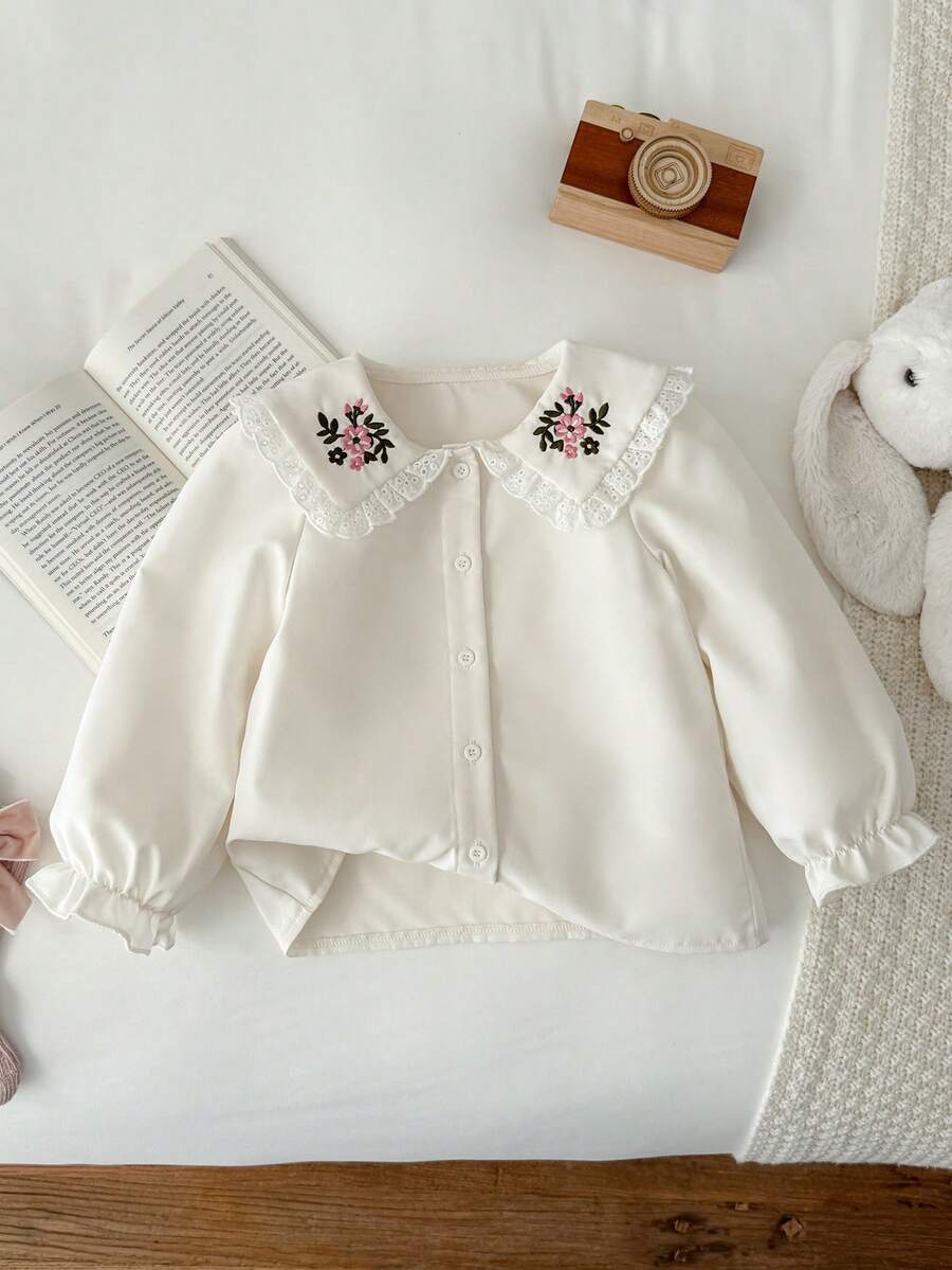 Blossori Young Girls' French Elegant Embroidered Collar Button-Front Long Sleeve Blouse - White - View 1