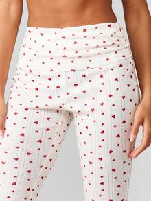 MISSGUIDED Heart Print Pointelle Fold Over Waist Lounge Pants Cute Sleepwear Pajama Bottoms Comfortable Relaxed Fit Loungewear Valentine Hearts Pattern - Pink - View 6
