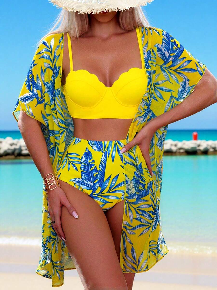 Swim Lushoire 熱帶圖案聚攏比基尼泳裝附和服 - 黃色 - 查看 1