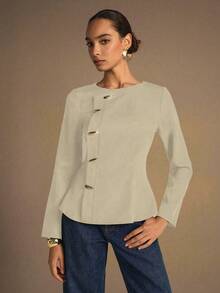 Modelyn 1件女士梭织无弹力长袖金属纽扣修身衬衫，时尚优雅 - 杏色 - 查看 5