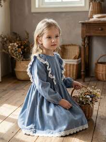 Vintaside Kids 1件女童休闲舒适灯芯绒面料圆领荷叶边下摆长袖基本款拼接花卉下摆乡村风百搭连衣裙，适合春秋季日常穿着 - 彩色 - 查看 1