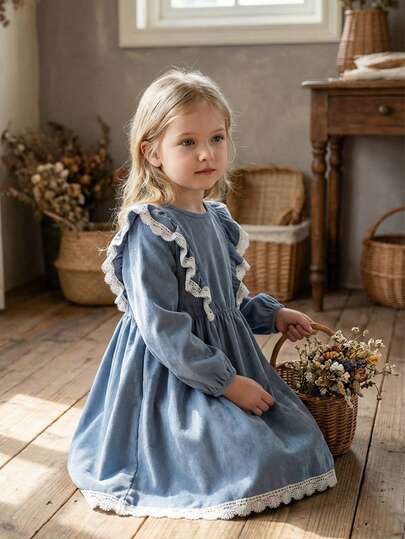 Vintaside Kids 1件女童休闲舒适灯芯绒面料圆领荷叶边下摆长袖基本款拼接花卉下摆乡村风百搭连衣裙，适合春秋季日常穿着