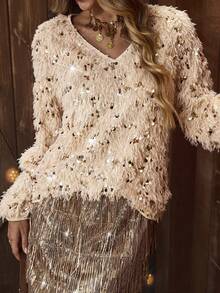 LanaWest Women's Fashionable Party Fuzzy V-Neck Lantern Sleeve Metallic Sequin T-Shirt, Autumn/Winter - Apricot - View 1