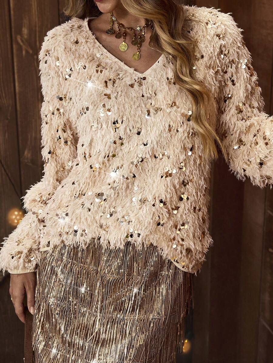 LanaWest Women's Fashionable Party Fuzzy V-Neck Lantern Sleeve Metallic Sequin T-Shirt, Autumn/Winter - Apricot - View 1