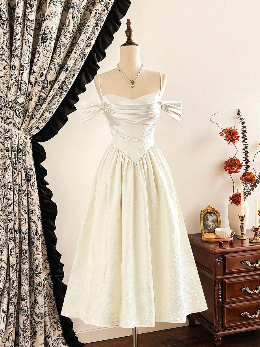 Vintamour Váy nữ thanh lịch cổ điển, vải satin họa tiết hoa jacquard, chắp vá, chuỗi ngọc trai, váy nịt ngực, váy dự tiệc trà, váy dự tiệc trang trọng, quần áo mùa thu, quần áo mùa thu cho nữ, trang phục mùa thu cho nữ, trang phục mùa thu cho nữ, váy mùa thu cho nữ, váy mùa đông cho nữ, quần áo mùa đông cho nữ, quần áo Giáng sinh cho nữ, quần áo Giáng sinh cho nữ, trang phục Giáng sinh cho nữ, váy dự tiệc Giáng sinh, váy dự tiệc Giáng sinh, váy dự tiệc thanh lịch - Màu be - Xem 1