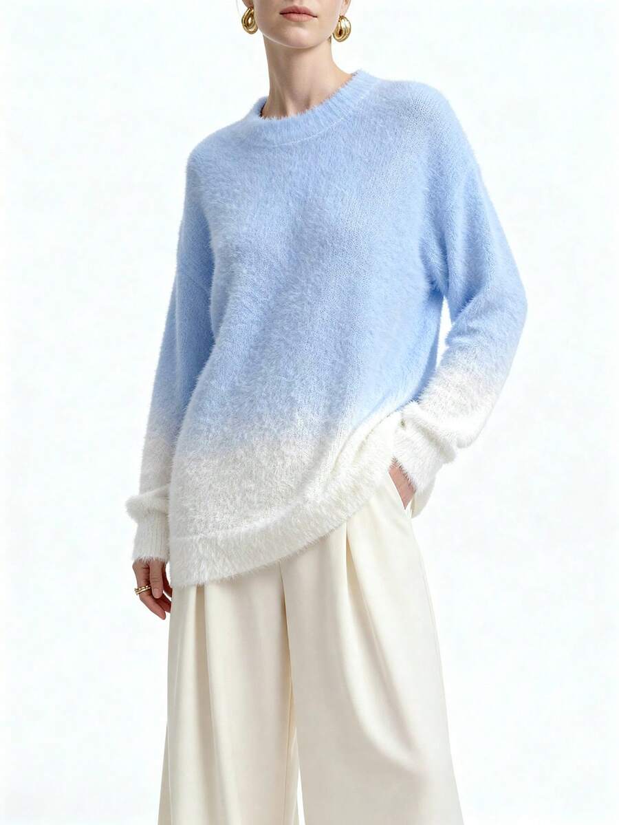 Aalyst Oversize Gradient Sweater,Long Sleeve Tops Knit Pullover Fall Winter Sweater - Baby Blue - View 1