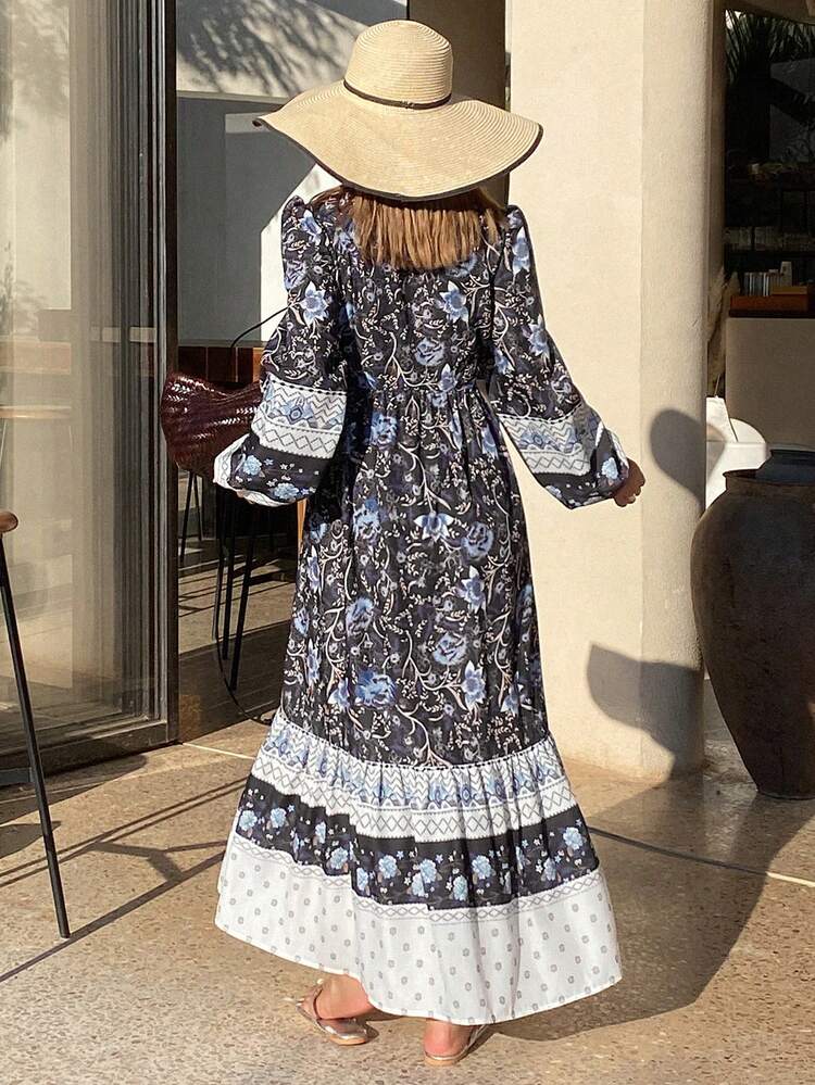Floral Contrast Ruffle Tie-Waist V-Neck Long Sleeve Casual Vacation Dress For Women Maxi Dress Sundress