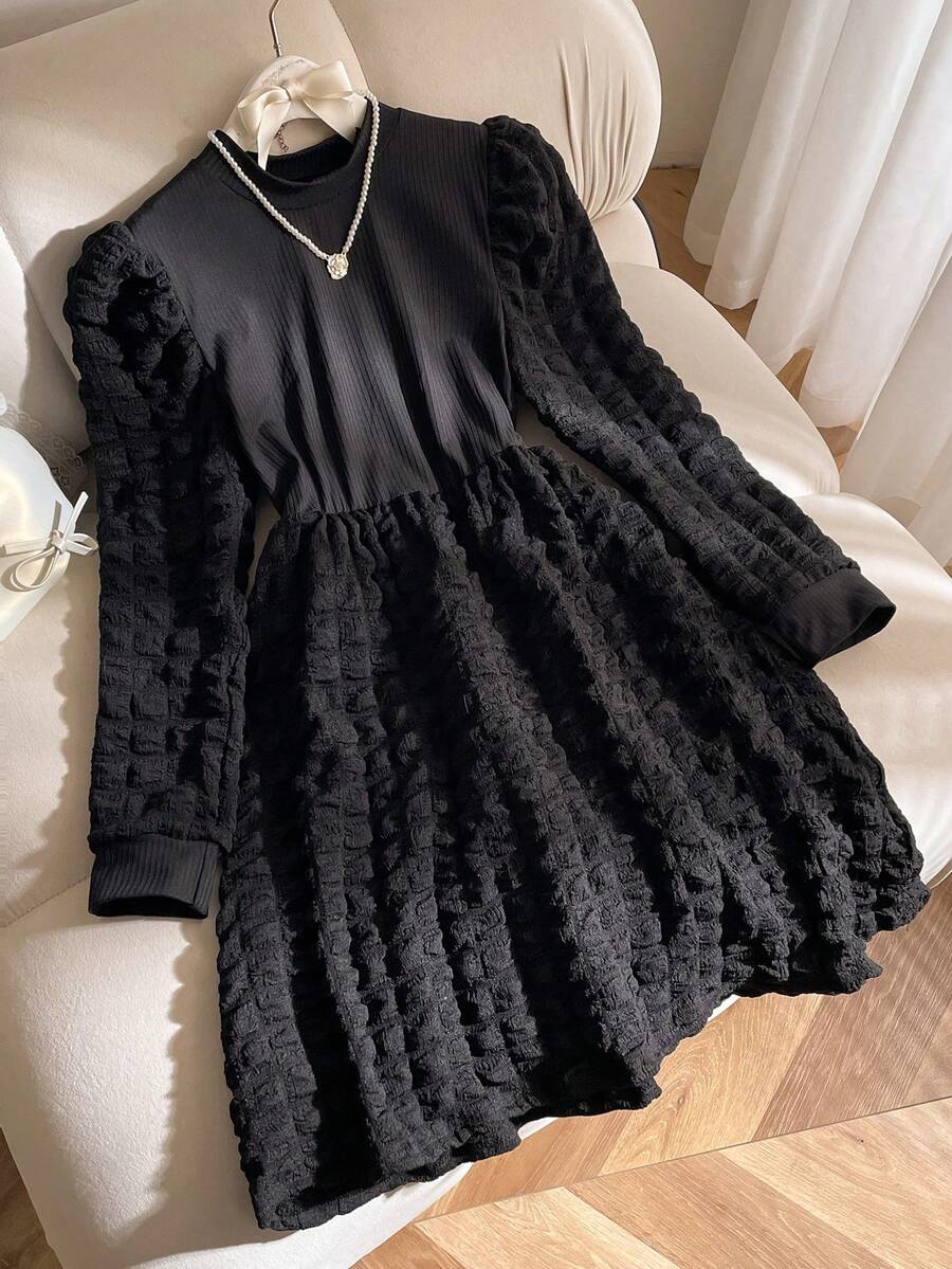 1pc Girls' Spring/Autumn High Collar Black Textured Puff Sleeve Waist Fitted Knit Dress, Elegant Style For Party, School, Daily Wear - Black - View 1