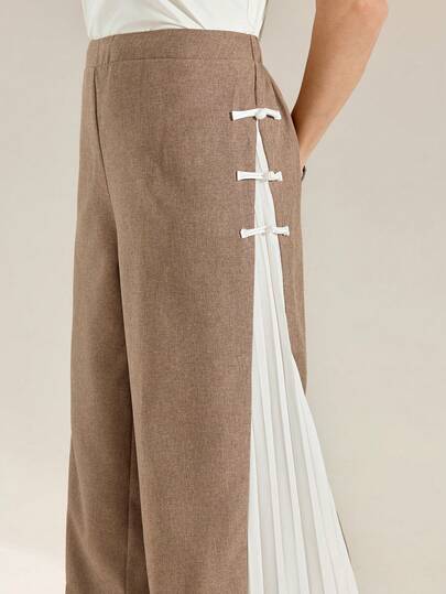 Momelise Plus Size Solid Color Patchwork Waist Decor Button Pleated Elegant Business Casual Pants For Women, Autumn/Winter