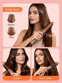 HAIR | 3-In-1 Ionic Hair Curler/Straightener/Brush, Ceramic Tourmaline Ionic Hair Curling Wand For All Hair Types-EU Plug - EU C Type Plug(220-240V) - View 4