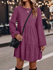 EMERY ROSE 纯色圆领灯笼袖宽松荷叶边下摆休闲连衣裙 - 玫紅色 - 查看 3