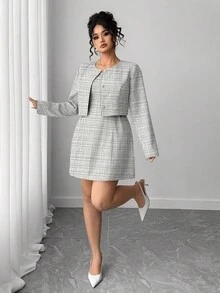 Elenzga Plus Size Women's Minimalist Short Cardigan And Minimalist Knit Dress Two Pieces Set, Elegant Luxurious Vacation Business Casual - Grey - View 1