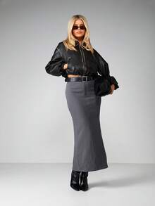 MISSGUIDED Falda lápiz profesional de talle alto, ajustada y formal para oficina, de longitud midi con abertura lateral, diseño de moda para el trabajo - Gris - Ver 4