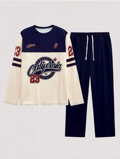 Open Phase 2pcs Men's Striped Letter Print Round Neck Sportswear Set, Graphic Pullover Sweatshirt And Pants Suit, Suitable For Outdoor And Sports, Fall Clothes