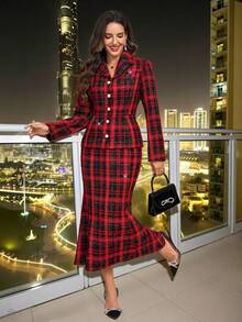 Amorya Women's Elegant Red And Black Plaid Blazer Top & Fish Tail Skirt 2 Pieces Set,Autumn Office Tweed Suit For Christmas,New Year & Valentine's Day Outfit - Multicolor - View 8