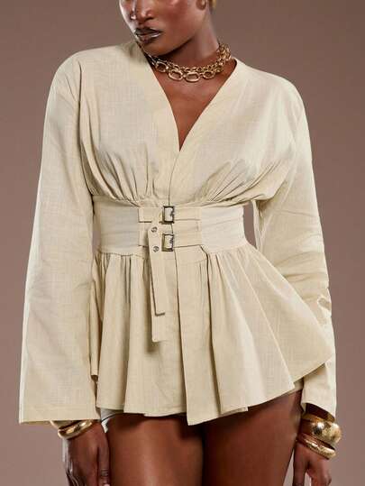 Normani Waist Cinching Double-Breasted Double Belt Long Sleeve Shirt, Soft & Skin-Friendly, Apricot Color, Suitable For Work And Vacation