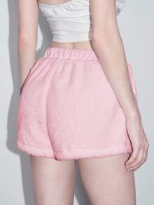 ROMWE Y2K Gothic Cross Embroidered Fuzzy Women Shorts, Halloween - Pink - View 4