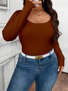 Elenzga Camiseta casual versátil de manga larga, cuello de pico y ajuste ceñido en unicolor para mujer de talla grande - Marrón - Ver 5