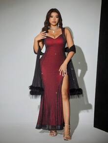 Viva Relle Váy dạ hội xẻ tà gợi cảm cỡ lớn có cổ áo choàng đính sequin - màu đen - Xem 5