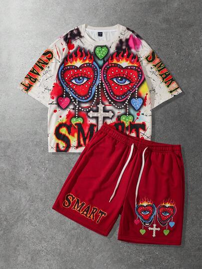 ROMWE MEN Conjunto de camiseta de manga corta y pantalones cortos con estampado de letras y ojos de moda para hombres en verano