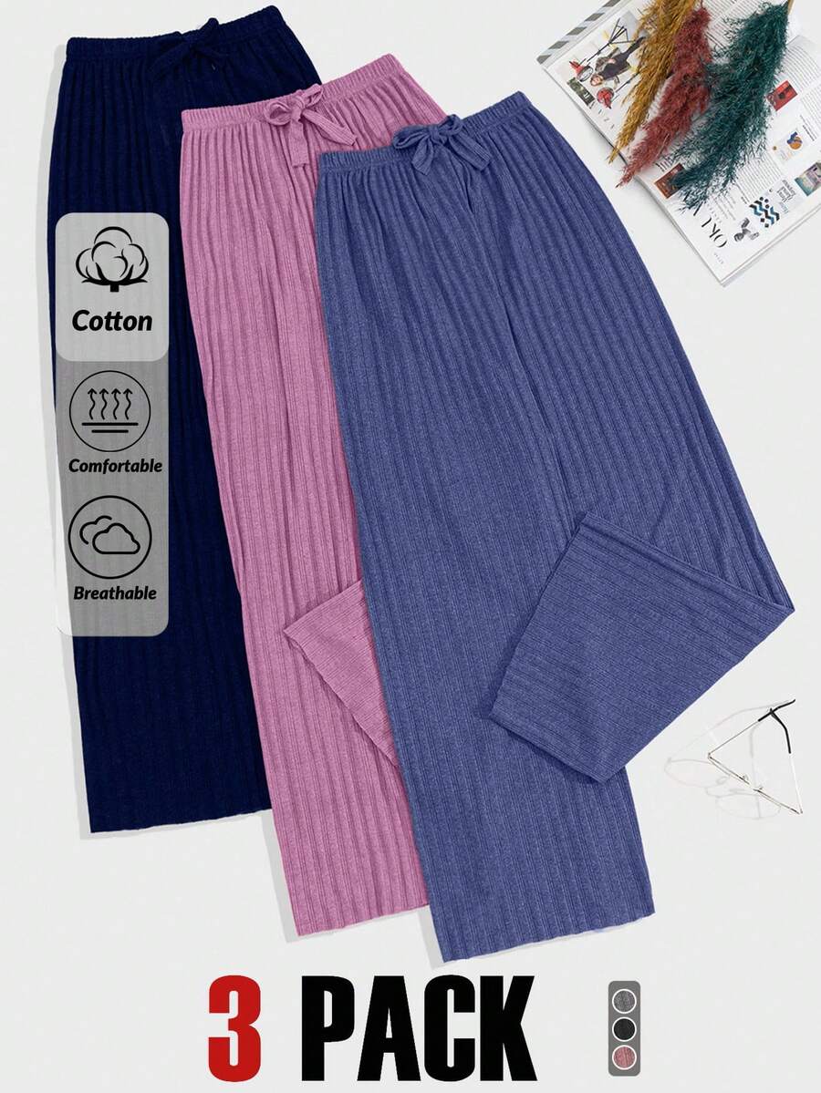 EURMUSE 100%Cotton 3 Pcs Solid Knit Pant Set - Multicolor - View 1