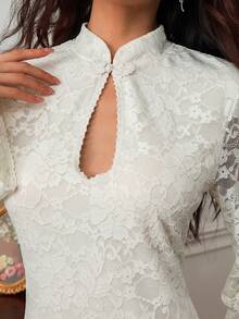 EastFlair 女士蕾丝拼接旗袍领镂空优雅长袖迷你连衣裙