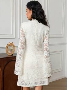 EastFlair 女士蕾丝拼接旗袍领镂空优雅长袖迷你连衣裙