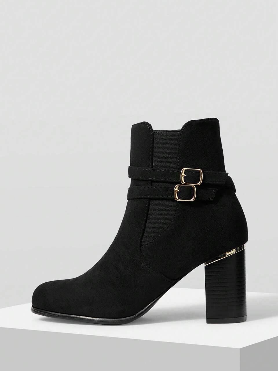 WOMEN BUCKLE DETAIL CHUNKY HEEL MID-CALF BOOTS FOR CHRISTMAS