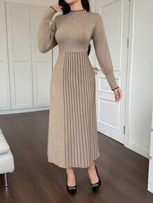 DAZY Women's Elegant Color Block A-Line Sweater Dress, Autumn/Winter - Brown - View 3