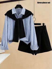 Franclia Ensemble Top à manches longues rayé rafraîchissant et short de couleur unie pour femmes