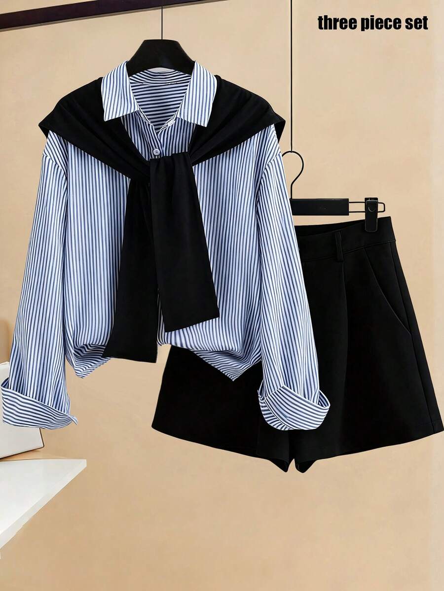 Franclia Ensemble Top à manches longues rayé rafraîchissant et short de couleur unie pour femmes